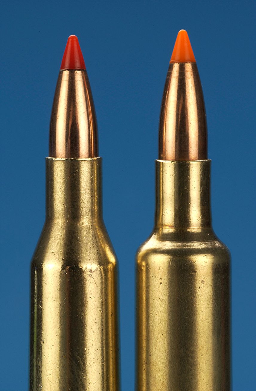 Shown on the left is the .25/06 Remington. On the right is the .257 Weatherby. Note the double radius shoulder on the latter.